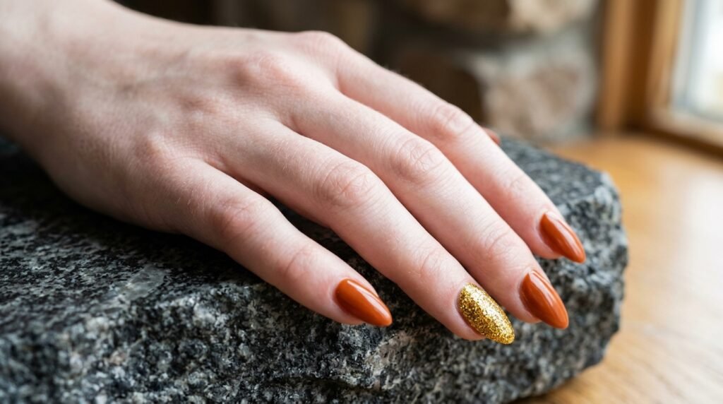 18-year-old female hand with very white skin featuring a gold glitter accent nail among orange nails.