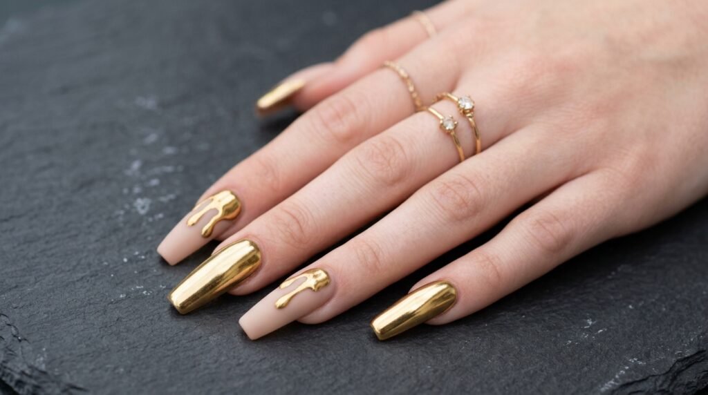 An 18-year-old female hand with very white skin showing long coffin nails in matte nude with gold chrome splatter and glossy gold chrome accents.