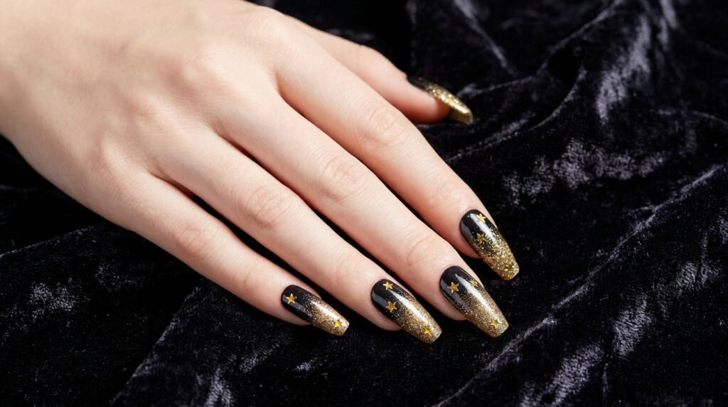 Coffin nails with a black and gold glitter gradient decorated with tiny gold leaf star cutouts.