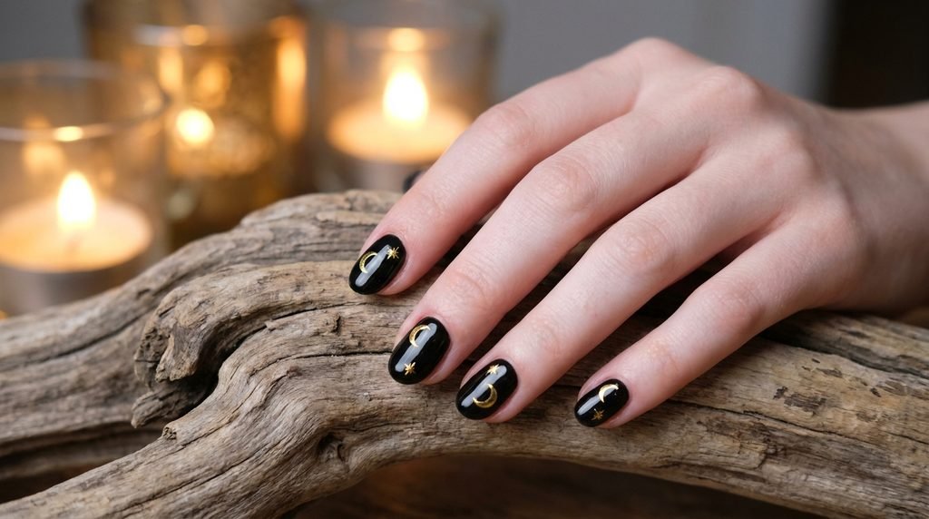 Short natural oval nails with high-gloss black polish and simple gold painted crescent moons and stars on driftwood.