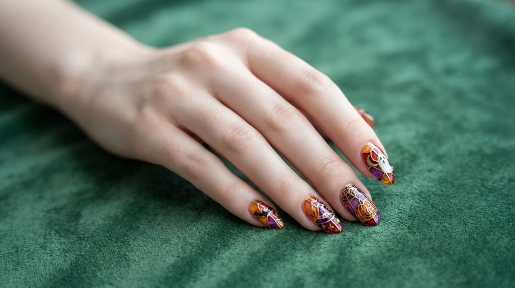 Macro photograph of an 18-year-old female hand with very white skin on royal-blue satin showing coffin nails with purple and amber ombré stained glass nail art.
