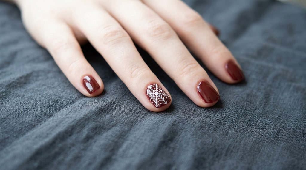 Close-up photograph of black spiderweb art painted over a red almond nail on an 18-year-old female hand with very white skin.