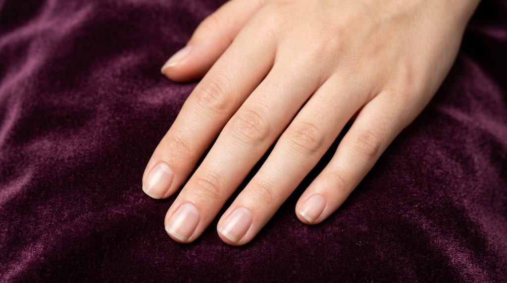 Neatly manicured hand with soft white skin and clean cuticles prepared for polish over a plum background.