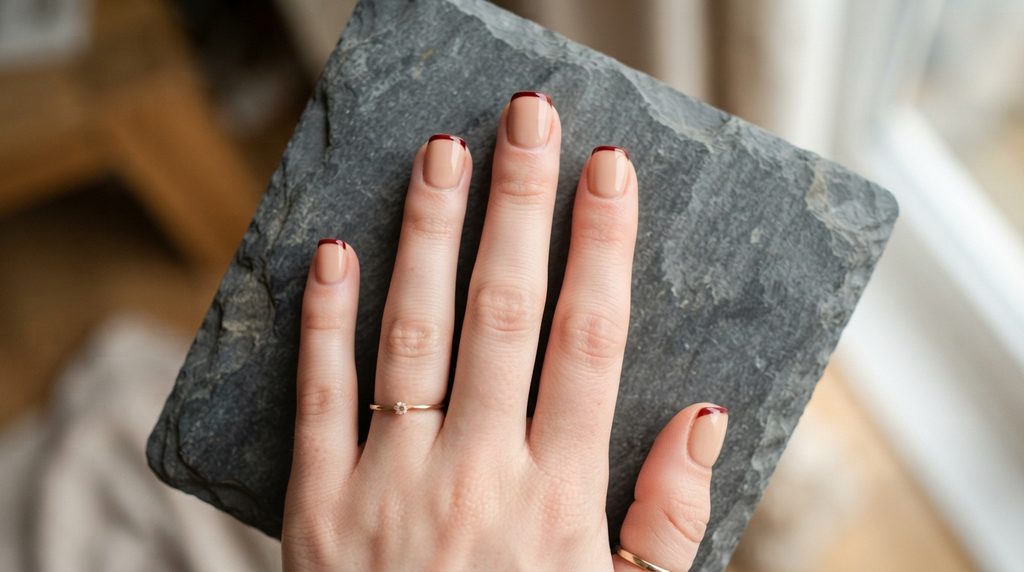 A comparison image showing a classic white French manicure on one hand and a pointed gothic oxblood French manicure on the other hand