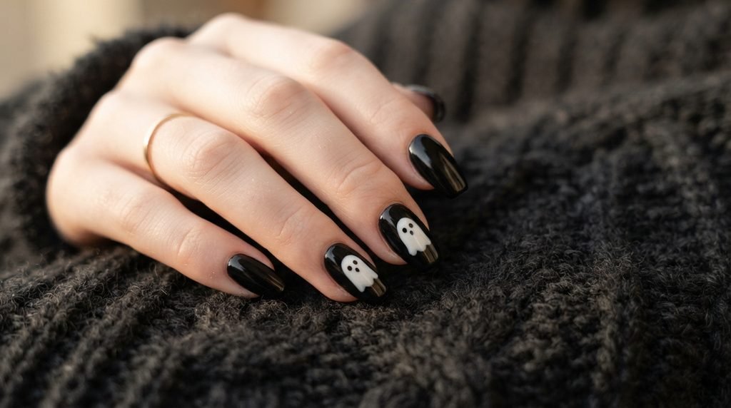 Black nails with subtle ghost art accents resting on dark wool sweater on white skin hand.