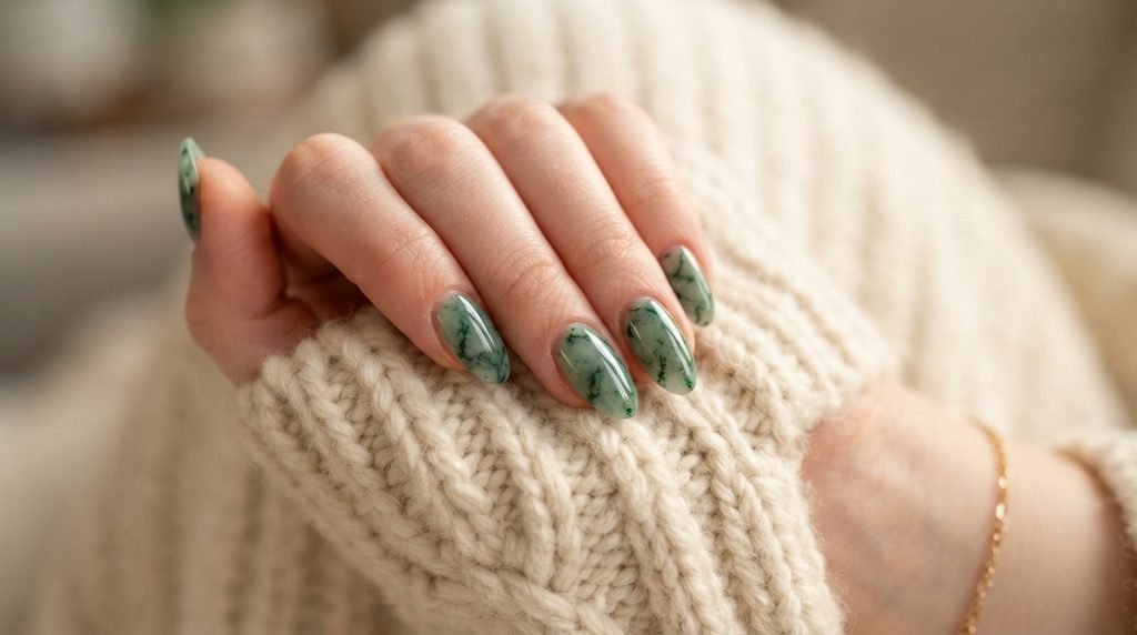 Jade marble nails resting against a warm sweater cuff.