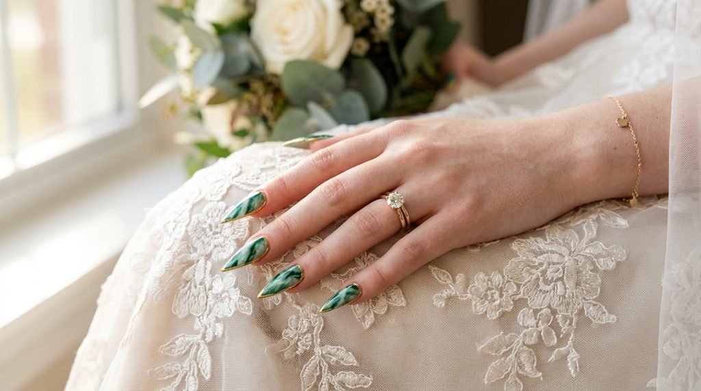 Fair-skinned female hand with jade-emerald marble stiletto nails resting gracefully on delicate ivory bridal lace.