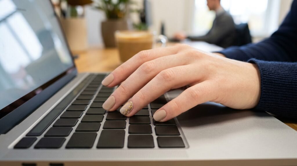 An 18-year-old female hand with very white skin tone on a laptop keyboard showing short round office-appropriate nude and gold nails.