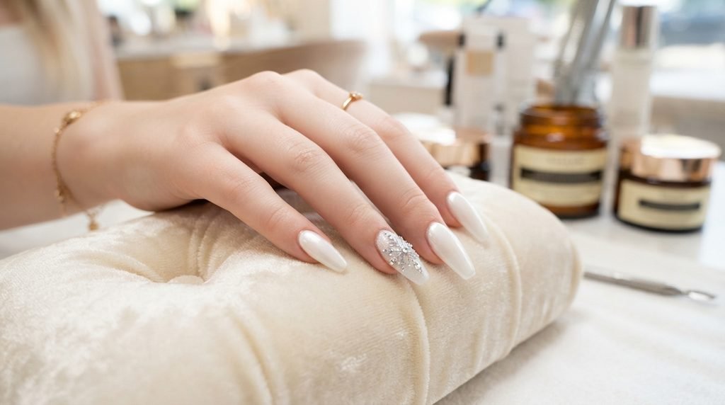 Dynamic shot of coffin nails with blue ombré and crystal snowflake resting on a salon manicure cushion.