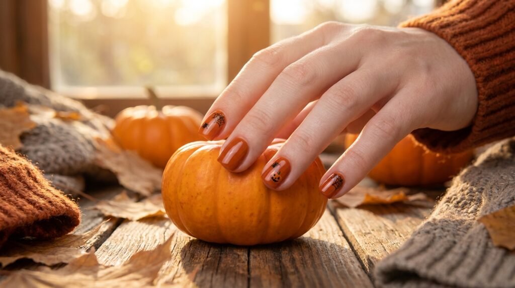 Burnt orange pumpkin art and black spiderweb designs on short square nails with smooth white skin.