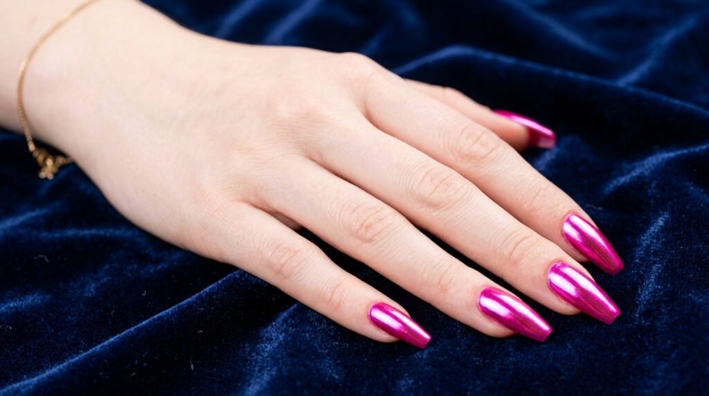 Long fuchsia chrome coffin nails on an 18-year-old white female hand resting on dark blue velvet cloth.