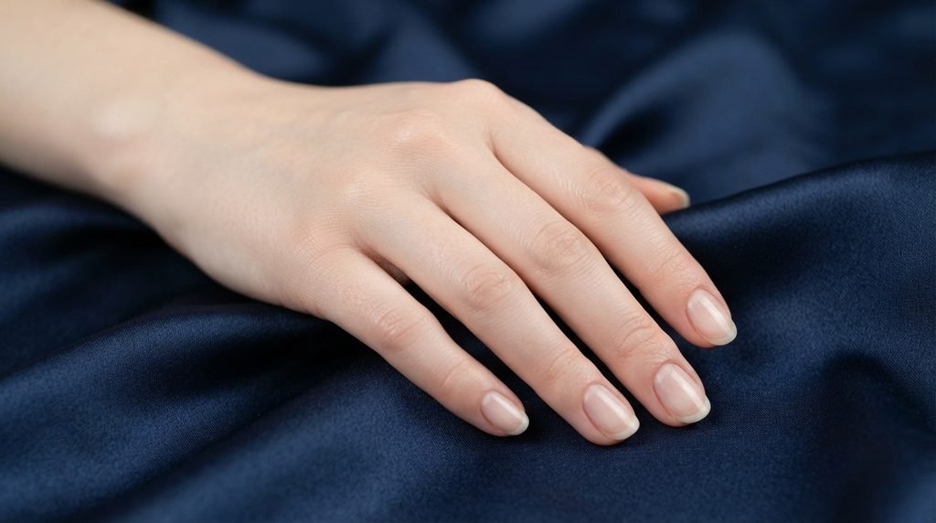 Prepped natural nails on an eighteen-year-old female hand with very white skin against a dark navy satin background.