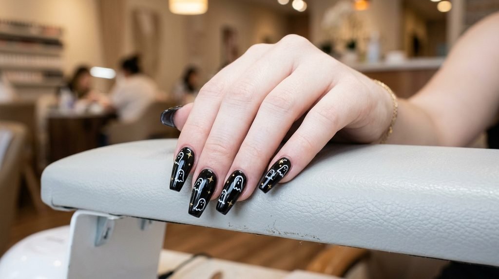 Finished black and white ghost manicure with gold stars on white skin hand inside a nail salon setting