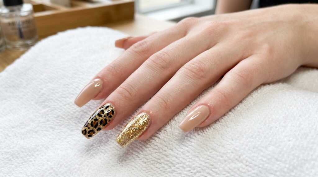 Freshly finished leopard print coffin nails resting on a white salon towel.