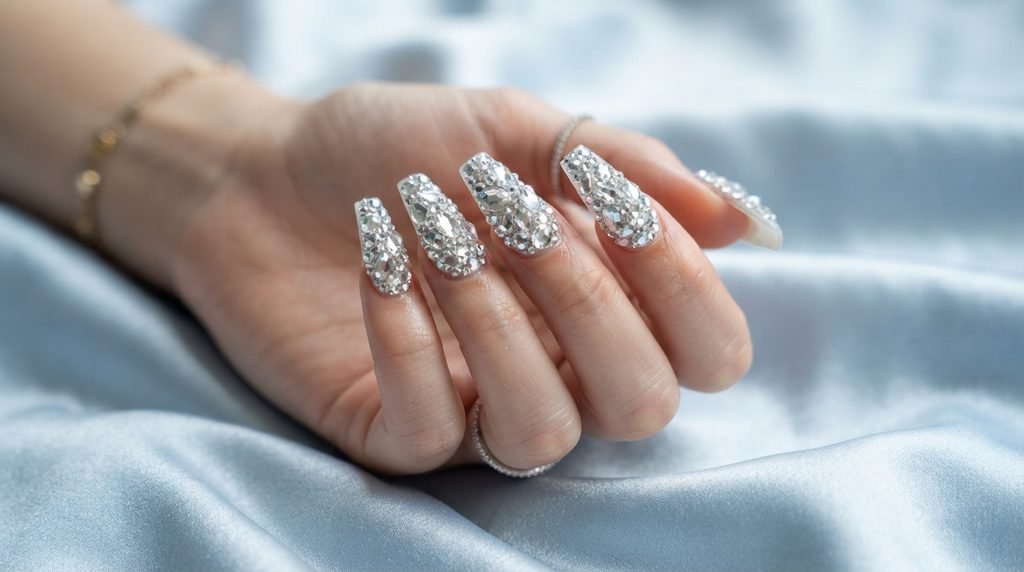 Faceted crystal rhinestones firmly set on coffin nails on an 18-year-old white hand resting on blue satin.