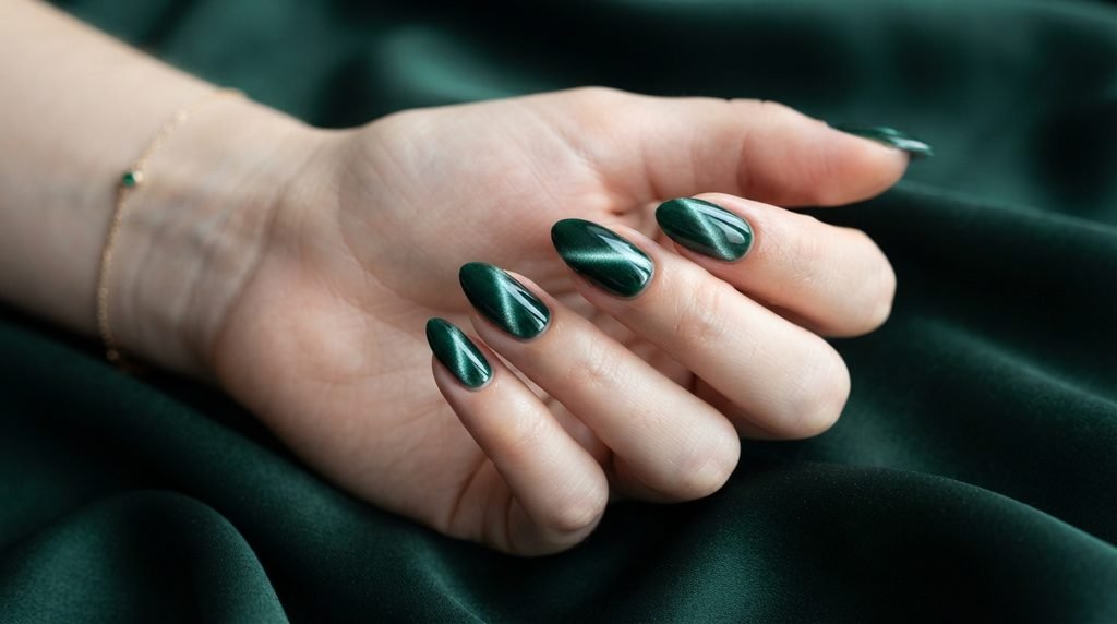 An eighteen-year-old female hand with very white skin displaying emerald cat eye almond nails against dark green silk.