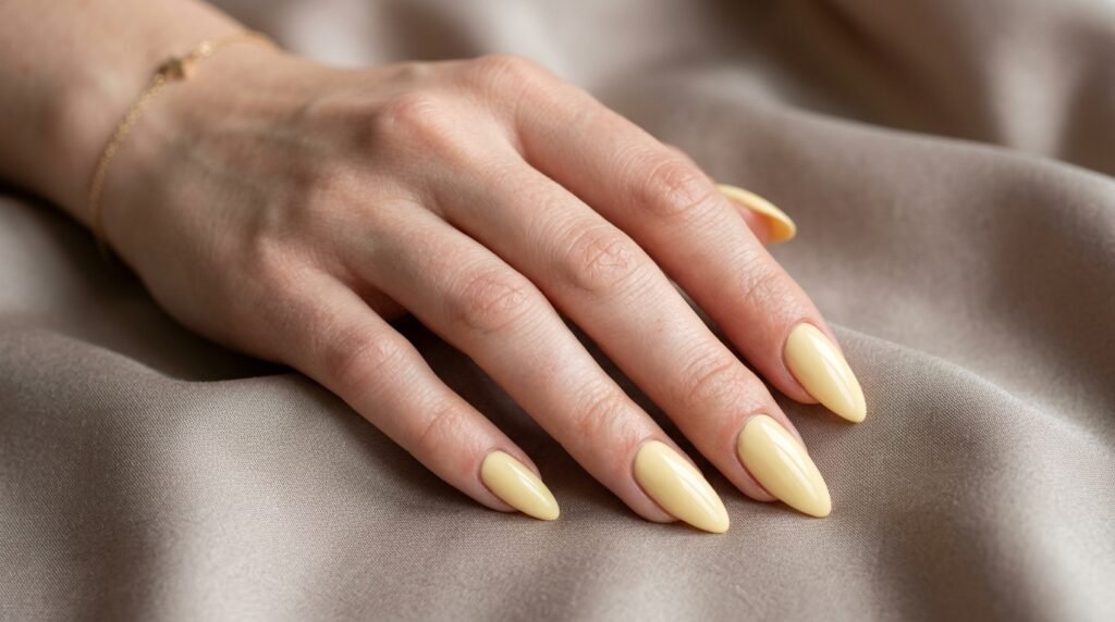 Up-close photo of tapered almond-shaped nails painted in solid pastel butter yellow with a glossy finish.