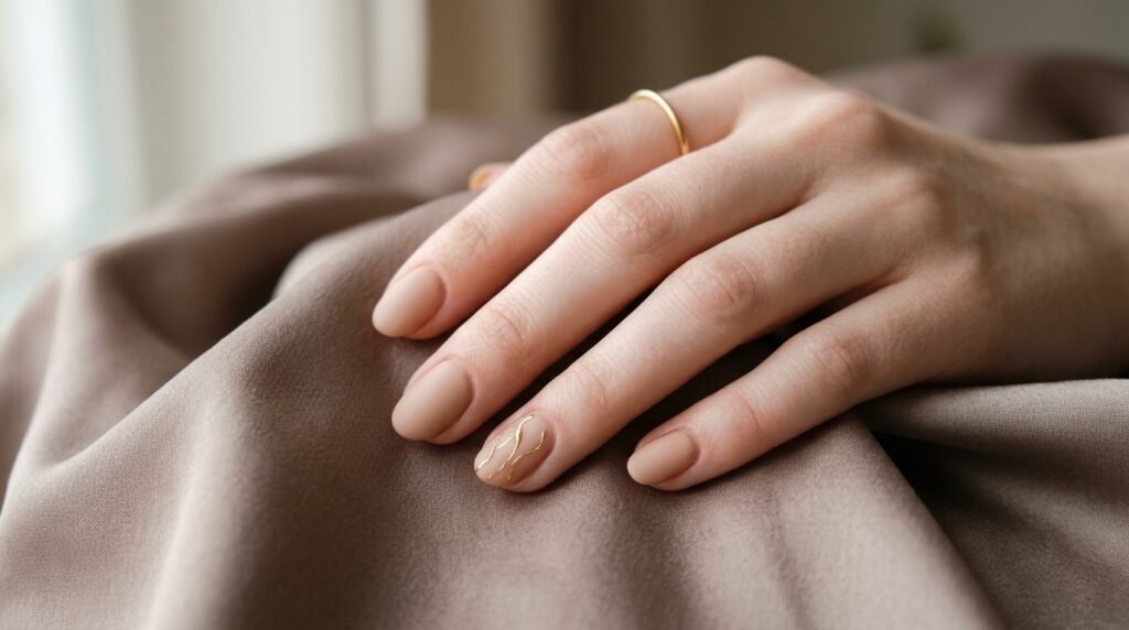 An 18-year-old female hand with very white skin displaying short oval matte nude nails with minimal gold drips.