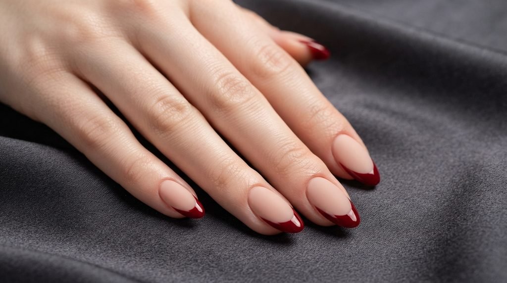 A close-up photograph of almond nails with a matte nude base and high-gloss oxblood French tips on an 18-year-old female hand.