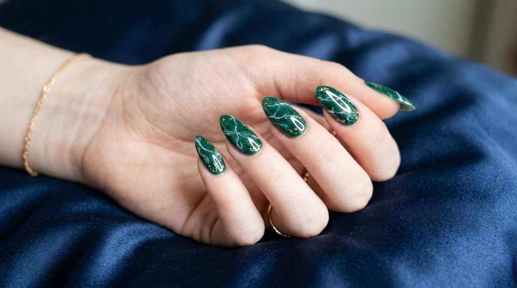 Fair skin eighteen year old female hand with almond-shaped emerald marble and gold foil nails rested on navy blue silk.