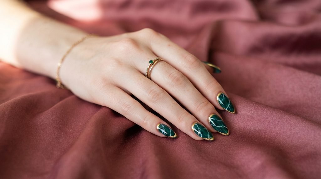Eighteen year old female hand with emerald, white, and gold marble stiletto nails on a dark rose silk background.