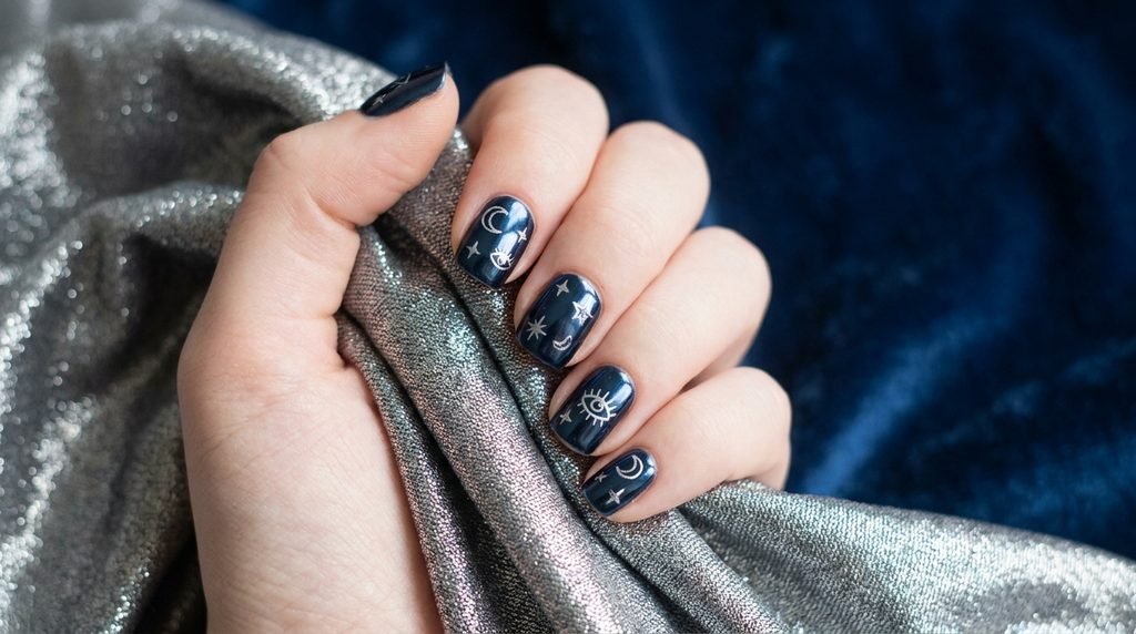 Short square midnight blue chrome nails with detailed silver celestial tarot designs against shimmering silver fabric and dark blue velvet.