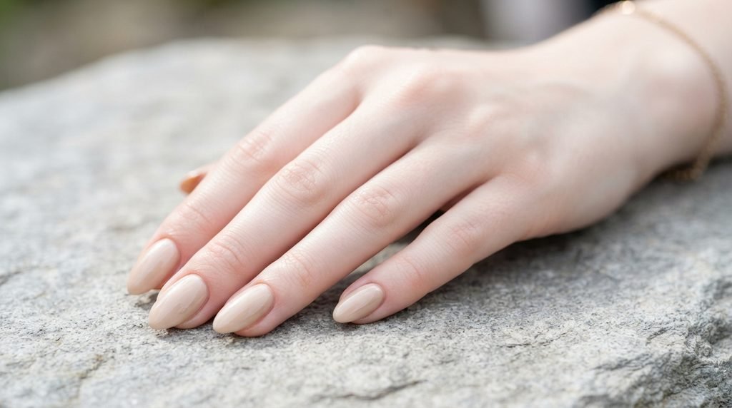 Female hand with white skin showing champagne beige gel nails against a grey slate background.