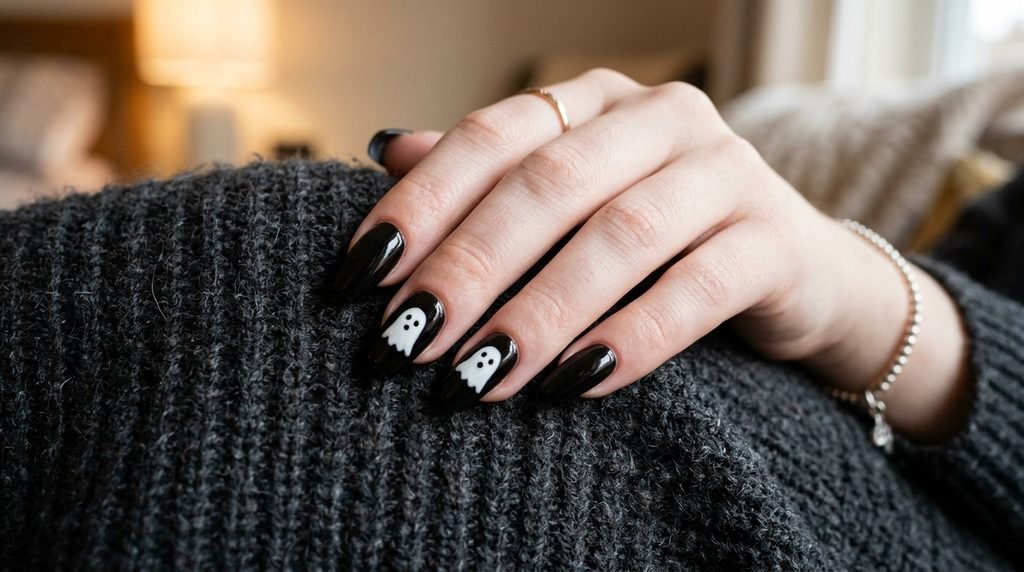 Precise application of white gel art on black nail using small dotting tool on white skin hand