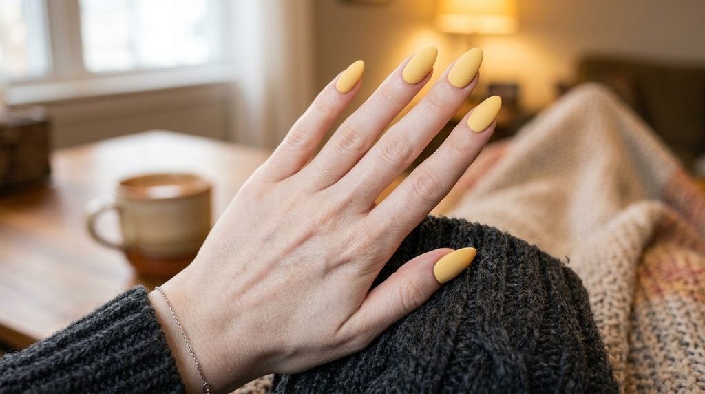 Matte yellow cat nails resting on dark charcoal sweater sleeve.