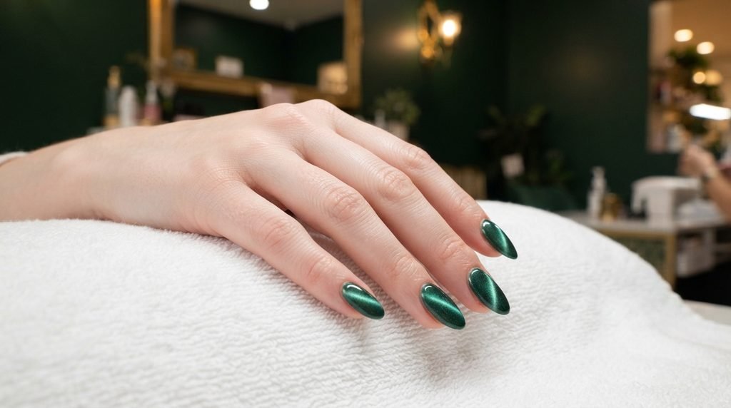 Emerald cat eye nails on an eighteen-year-old female hand with very white skin inside a salon against a forest green wall.