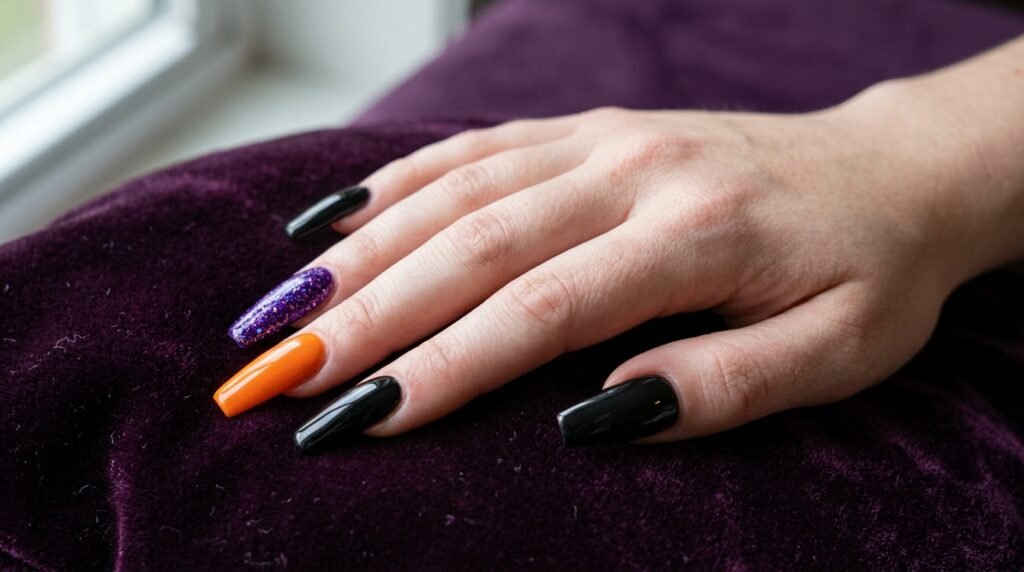 Coffin nails painted in black, orange, and purple Halloween color scheme.
