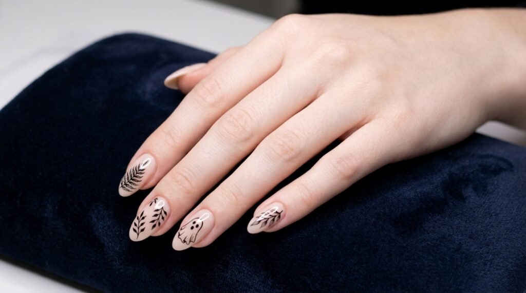 Close-up of pristine almond botanical ghost nails resting on a salon cushion.