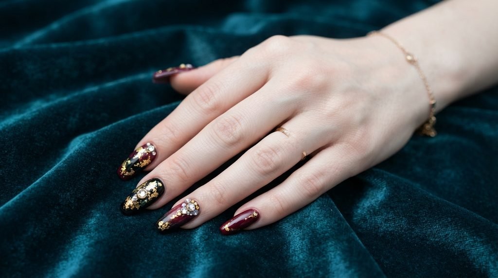 Close-up of an 18-year-old female hand with white skin showing long burgundy and black coffin nails with gold accents against dark teal velvet.