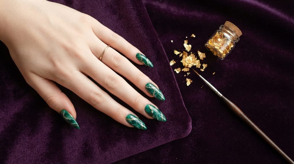 Eighteen year old hand with emerald marble nails beside gold leaf flakes and a liner brush on violet velvet.