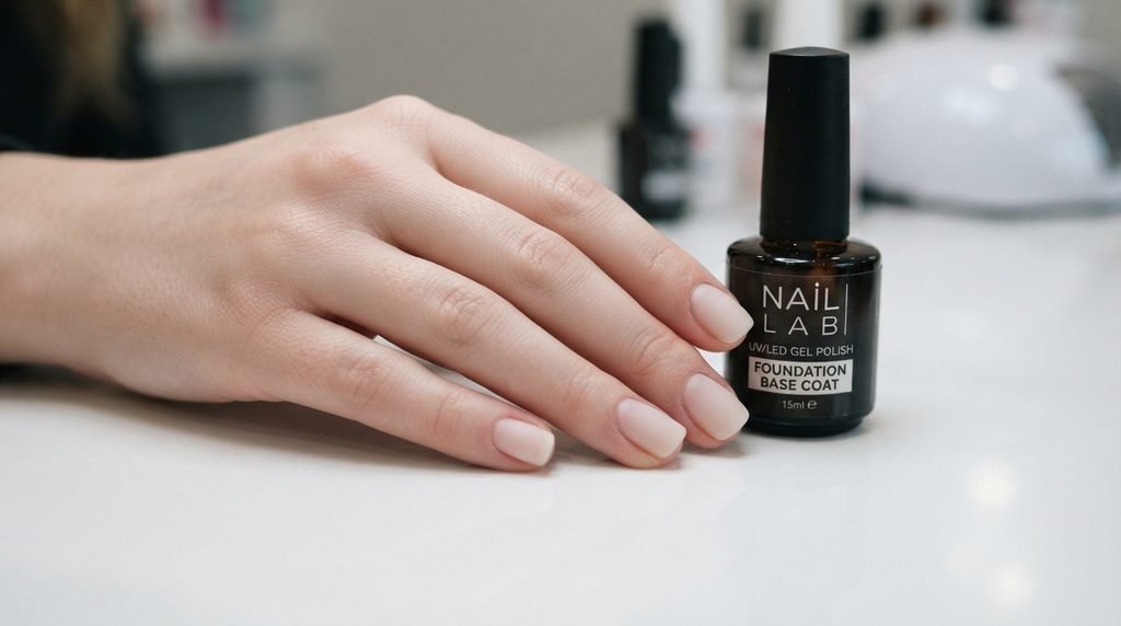 Clean natural nails next to a gel bottle on a white countertop on an 18-year-old hand with very white skin.