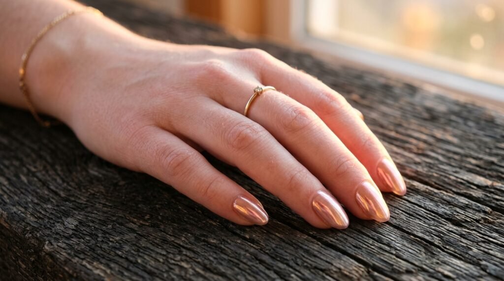 Champagne pink chrome oval nails on an 18-year-old female hand with pale white skin over a dark wooden background.