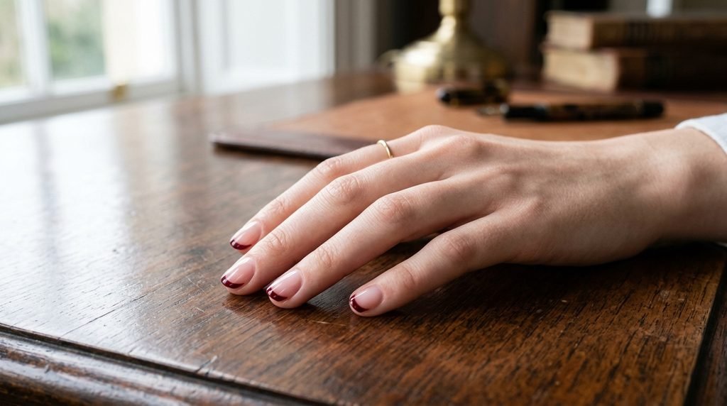 A top-down view of rounded nails with a minimal deep red French tip resting on a wooden desk.
