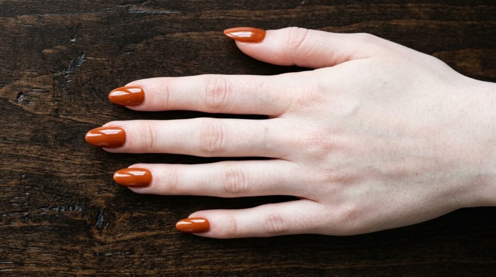 Glossy burnt orange almond nails on 18-year-old female hand with very white skin over dark wood.