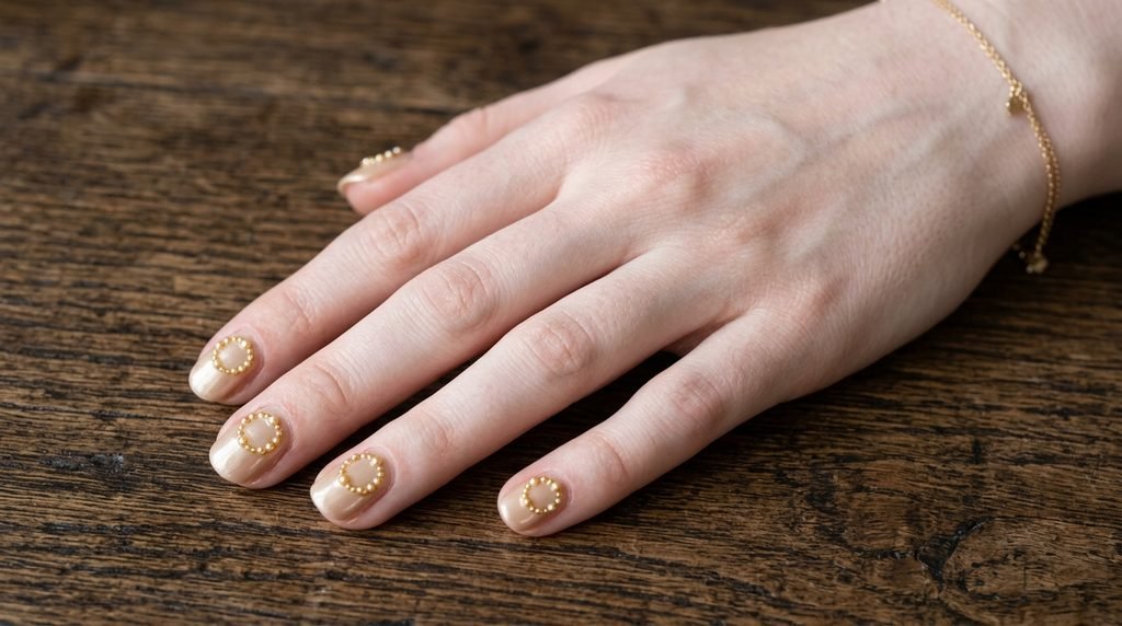 Short rounded champagne beige nails displayed on a dark oak wood surface.