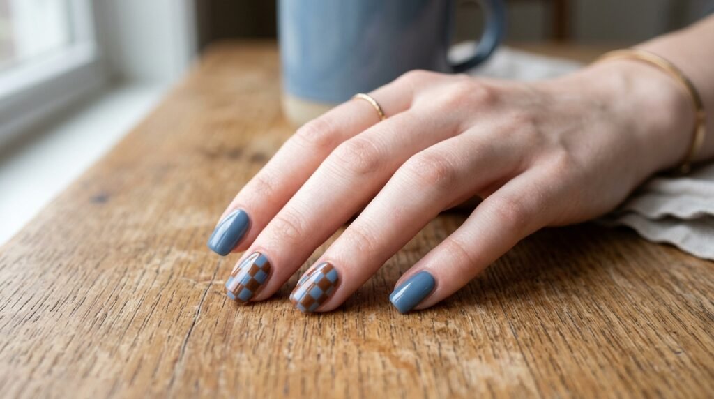 Checkered blue and brown nail design on a young female hand with very white skin tone.