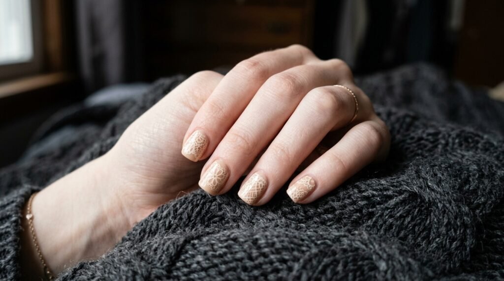 Short square beige nails with cream crochet lace patterns on an 18 year old female hand with very white skin.