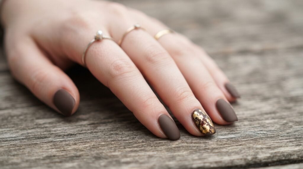 Five fingers on light skin showing textured gold foil on a matte brown nail.