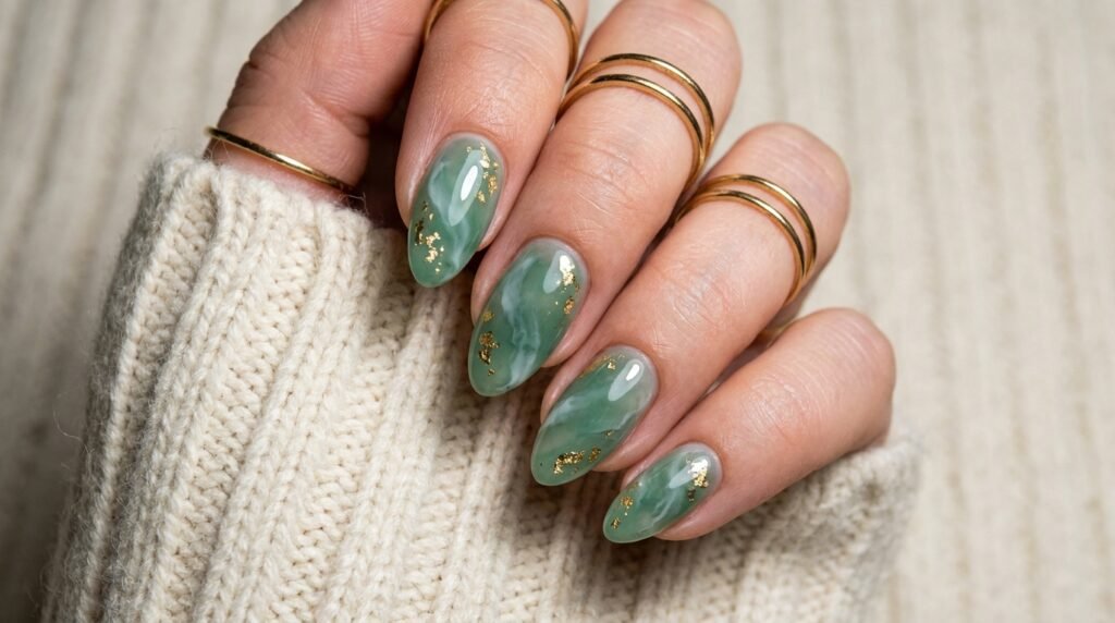 Female hand with medium almond-shaped nails painted in a sheer jade green and white marble pattern.