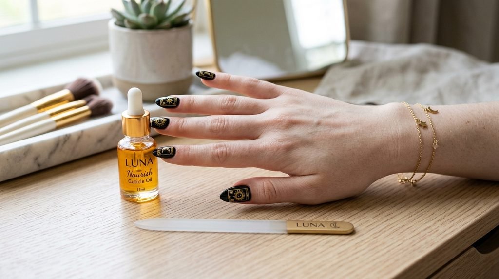 Female hand with immaculate medium almond black and gold tarot nails resting beside cuticle oil and a glass file, indicating regular maintenance.