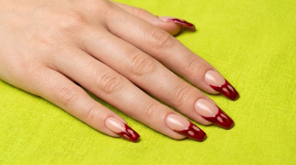 Long coffin nude nails on a white skin hand featuring glossy deep red dripping blood art on the tips.