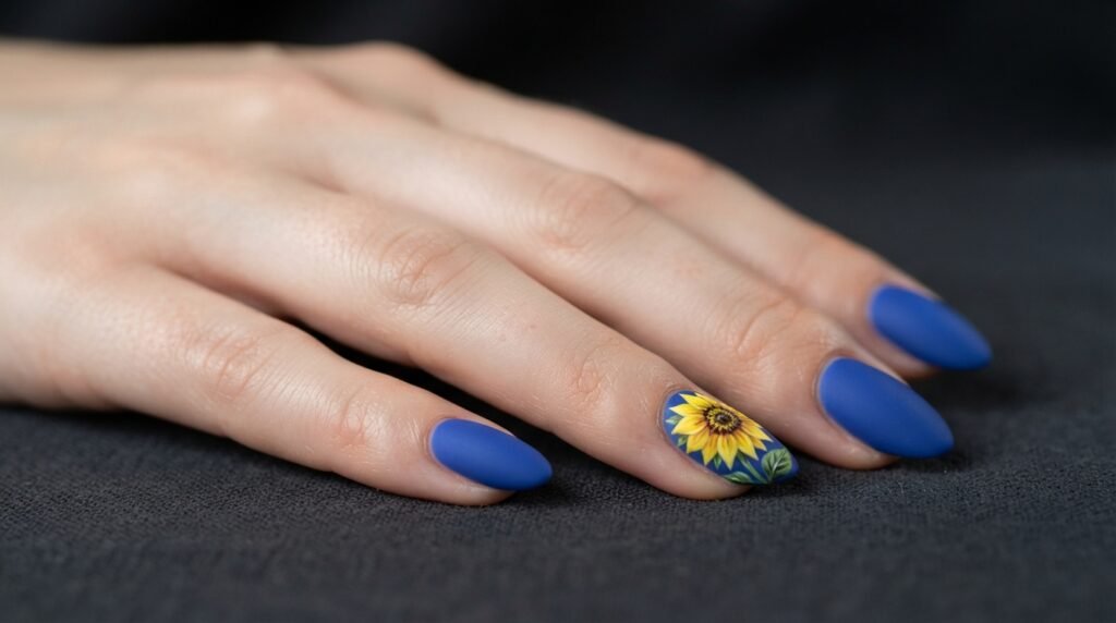Close-up of matte cobalt blue almond nails with a bright yellow sunflower painted on the ring finger.