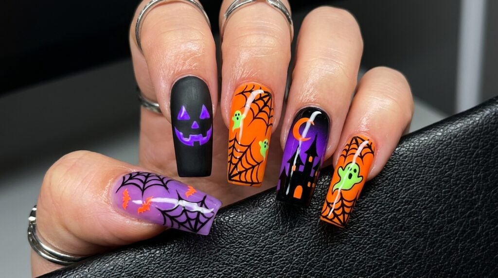 Macro photograph of a hand with long square nails showcasing a high-gloss neon night party Halloween design with electric purple, vivid orange, and bold black spider webs.