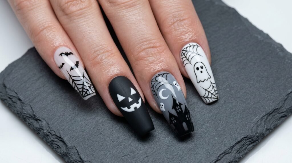 Macro photograph of a hand with long ballerina nails showing clean minimalist monochrome Halloween art with stark black-and-white graphic webs, ghosts, and a sleek grey gradient.