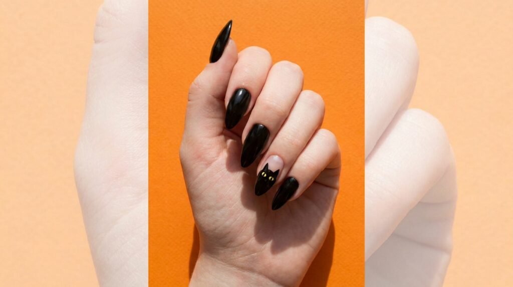 Black cat face painted on a long stiletto nail against an orange background on a female hand with white skin.