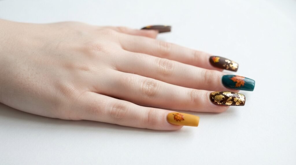 Full set of 5 mismatched nails on an 18-year-old hand with light skin focused on the pinky detail.